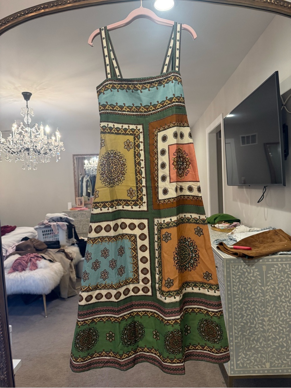Alemais Contina Patchwork Maxi Dress in Green, Blue & Tan